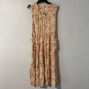 April Cornell Penelope Dress Soft Yellow Floral Rayon Sleeveless Midi NWT L